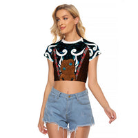 New Zealand Whakairo Raglan Cropped T Shirt Tiki Maori Carving Taniko Motifs