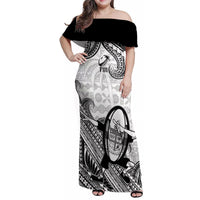 Custom Fiji Tapa Rugby Family Matching Off Shoulder Maxi Dress and Hawaiian Shirt Flying Fijian 2023 World Cup With Dabbing Ball LT14 Mom's Dress White - Polynesian Pride