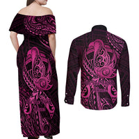 Polynesia Breast Cancer Awareness Couples Matching Off Shoulder Maxi Dress and Long Sleeve Button Shirts No One Fights Alone Pink Ribbon With Butterfly LT14 - Polynesian Pride
