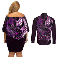Personalised New Zealand Breast Cancer Couples Matching Off Shoulder Short Dress and Long Sleeve Button Shirts Fight Like A Girl Pink Manaia Fern With Paua Shell LT14 - Polynesian Pride