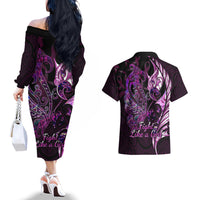Personalised New Zealand Breast Cancer Couples Matching Off The Shoulder Long Sleeve Dress and Hawaiian Shirt Fight Like A Girl Pink Manaia Fern With Paua Shell LT14 - Polynesian Pride