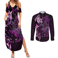 Personalised New Zealand Breast Cancer Couples Matching Summer Maxi Dress and Long Sleeve Button Shirts Fight Like A Girl Pink Manaia Fern With Paua Shell LT14 Pink - Polynesian Pride