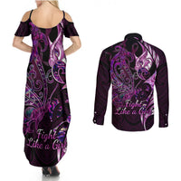 Personalised New Zealand Breast Cancer Couples Matching Summer Maxi Dress and Long Sleeve Button Shirts Fight Like A Girl Pink Manaia Fern With Paua Shell LT14 - Polynesian Pride