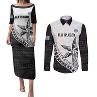 Custom Fiji Rugby Couples Matching Puletasi and Long Sleeve Button Shirt Go Champions Fijian Tapa Cloth LT14 White - Polynesian Pride