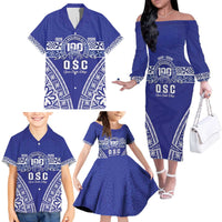 Personalised Queen Salote College Family Matching Off The Shoulder Long Sleeve Dress and Hawaiian Shirt Kolisi Fefine 100th Anniversary Kupesi Blue - Polynesian Pride