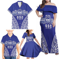 Personalised Queen Salote College Family Matching Off Shoulder Maxi Dress and Hawaiian Shirt Kolisi Fefine 100th Anniversary Kupesi Blue - Polynesian Pride