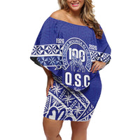 Personalised Queen Salote College Family Matching Off Shoulder Short Dress and Hawaiian Shirt Kolisi Fefine 100th Anniversary Kupesi Blue - Polynesian Pride