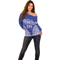 Personalised Queen Salote College Off Shoulder Sweater Kolisi Fefine 100th Anniversary Kupesi Blue - Polynesian Pride