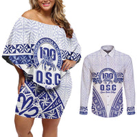 Personalised Queen Salote College Couples Matching Off Shoulder Short Dress and Long Sleeve Button Shirt Kolisi Fefine 100th Anniversary Kupesi White - Polynesian Pride
