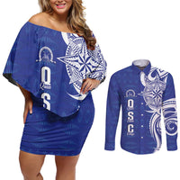 Personalised Queen Salote College Couples Matching Off Shoulder Short Dress and Long Sleeve Button Shirt QSC Est 1926 Ngatu Pattern - Polynesian Pride