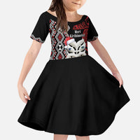 Personalised New Zealand Christmas Kid Short Sleeve Dress Meri Kirihimete Maori Wheku - Taniko Art LT14 KID Black - Polynesian Pride