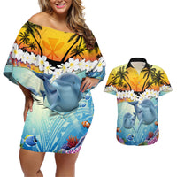 Aloha Hawaii Dolphins Couples Matching Off Shoulder Short Dress and Hawaiian Shirt Heart Of The Ocean Tropical Summer Vibes LT14 Blue - Polynesian Pride
