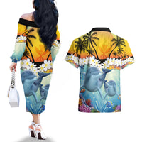 Aloha Hawaii Dolphins Couples Matching Off The Shoulder Long Sleeve Dress and Hawaiian Shirt Heart Of The Ocean Tropical Summer Vibes LT14 - Polynesian Pride