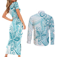 Polynesia Dolphins Couples Matching Short Sleeve Bodycon Dress and Long Sleeve Button Shirt Valentine Day Floral Polynesian - Vintage Dark Cyan LT14 - Polynesian Pride
