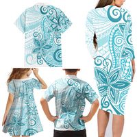 Polynesia Dolphins Family Matching Long Sleeve Bodycon Dress and Hawaiian Shirt Valentine Day Floral Polynesian - Vintage Dark Cyan LT14 - Polynesian Pride