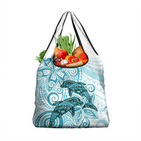 Polynesia Dolphins Grocery Bag Valentine Day Floral Polynesian - Vintage Dark Cyan