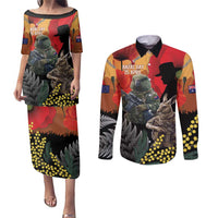 New Zealand and Australia ANZAC Day Couples Matching Puletasi and Long Sleeve Button Shirt Sliver Fern Kakapo With Golden Wattle Kangaroo LT14 Gold - Polynesian Pride