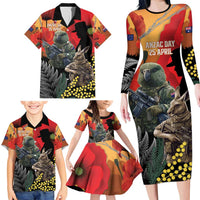 New Zealand and Australia ANZAC Day Family Matching Long Sleeve Bodycon Dress and Hawaiian Shirt Sliver Fern Kakapo With Golden Wattle Kangaroo LT14 - Polynesian Pride