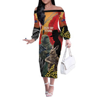 New Zealand and Australia ANZAC Day Family Matching Off The Shoulder Long Sleeve Dress and Hawaiian Shirt Sliver Fern Kakapo With Golden Wattle Kangaroo