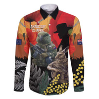 New Zealand and Australia ANZAC Day Family Matching Short Sleeve Bodycon Dress and Hawaiian Shirt Sliver Fern Kakapo With Golden Wattle Kangaroo LT14 Dad's Shirt - Long Sleeve Gold - Polynesian Pride