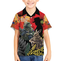 New Zealand and Australia ANZAC Day Family Matching Short Sleeve Bodycon Dress and Hawaiian Shirt Sliver Fern Kakapo With Golden Wattle Kangaroo LT14 Son's Shirt Gold - Polynesian Pride