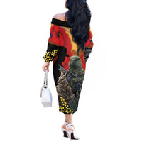 New Zealand and Australia ANZAC Day Off The Shoulder Long Sleeve Dress Sliver Fern Kakapo With Golden Wattle Kangaroo