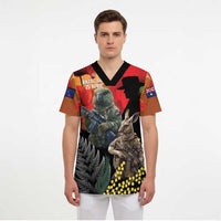 New Zealand and Australia ANZAC Day Scrub Top Sliver Fern Kakapo With Golden Wattle Kangaroo - Polynesian Pride