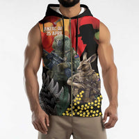 New Zealand and Australia ANZAC Day Sleeveless Zip Hoodie Sliver Fern Kakapo With Golden Wattle Kangaroo - Polynesian Pride