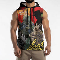 New Zealand and Australia ANZAC Day Sleeveless Zip Hoodie Sliver Fern Kakapo With Golden Wattle Kangaroo - Polynesian Pride