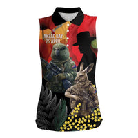 New Zealand and Australia ANZAC Day Women Sleeveless Polo Shirt Sliver Fern Kakapo With Golden Wattle Kangaroo LT14 Female Gold - Polynesian Pride