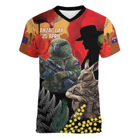 New Zealand and Australia ANZAC Day Women V-Neck T-Shirt Sliver Fern Kakapo With Golden Wattle Kangaroo LT14 Female Gold - Polynesian Pride