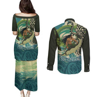 Aotearoa Tangaroa Atua Couples Matching Puletasi and Long Sleeve Button Shirt New Zealand God Of The Ocean LT14 - Polynesian Pride