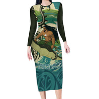 Aotearoa Tangaroa Atua Family Matching Long Sleeve Bodycon Dress and Hawaiian Shirt New Zealand God Of The Ocean LT14 Mom's Dress Cyan - Polynesian Pride