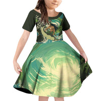 Aotearoa Tangaroa Atua Family Matching Off Shoulder Short Dress and Hawaiian Shirt New Zealand God Of The Ocean LT14 Daughter's Dress Cyan - Polynesian Pride
