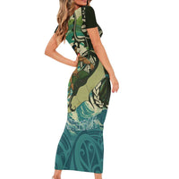 Aotearoa Tangaroa Atua Short Sleeve Bodycon Dress New Zealand God Of The Ocean LT14 - Polynesian Pride