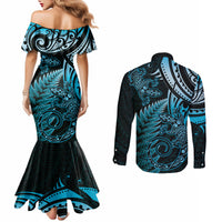 New Zealand Lizard Couples Matching Mermaid Dress and Long Sleeve Button Shirt Silver Fern Aotearoa Maori Blue Version LT14 - Polynesian Pride