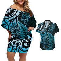 New Zealand Lizard Couples Matching Off Shoulder Short Dress and Hawaiian Shirt Silver Fern Aotearoa Maori Blue Version LT14 Blue - Polynesian Pride