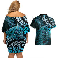 New Zealand Lizard Couples Matching Off Shoulder Short Dress and Hawaiian Shirt Silver Fern Aotearoa Maori Blue Version
