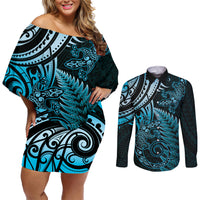 New Zealand Lizard Couples Matching Off Shoulder Short Dress and Long Sleeve Button Shirt Silver Fern Aotearoa Maori Blue Version