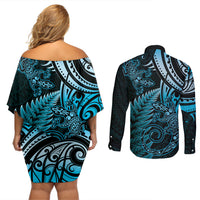 New Zealand Lizard Couples Matching Off Shoulder Short Dress and Long Sleeve Button Shirt Silver Fern Aotearoa Maori Blue Version LT14 - Polynesian Pride
