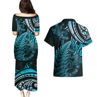 New Zealand Lizard Couples Matching Puletasi and Hawaiian Shirt Silver Fern Aotearoa Maori Blue Version LT14 - Polynesian Pride