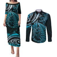 New Zealand Lizard Couples Matching Puletasi and Long Sleeve Button Shirt Silver Fern Aotearoa Maori Blue Version LT14 Blue - Polynesian Pride