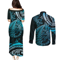 New Zealand Lizard Couples Matching Puletasi and Long Sleeve Button Shirt Silver Fern Aotearoa Maori Blue Version