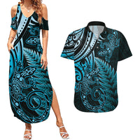New Zealand Lizard Couples Matching Summer Maxi Dress and Hawaiian Shirt Silver Fern Aotearoa Maori Blue Version LT14 Blue - Polynesian Pride