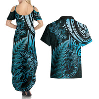 New Zealand Lizard Couples Matching Summer Maxi Dress and Hawaiian Shirt Silver Fern Aotearoa Maori Blue Version LT14 - Polynesian Pride
