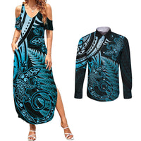 New Zealand Lizard Couples Matching Summer Maxi Dress and Long Sleeve Button Shirt Silver Fern Aotearoa Maori Blue Version LT14 Blue - Polynesian Pride