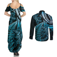 New Zealand Lizard Couples Matching Summer Maxi Dress and Long Sleeve Button Shirt Silver Fern Aotearoa Maori Blue Version LT14 - Polynesian Pride