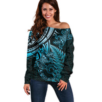 New Zealand Lizard Off Shoulder Sweater Silver Fern Aotearoa Maori Blue Version
