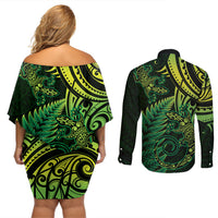 New Zealand Lizard Couples Matching Off Shoulder Short Dress and Long Sleeve Button Shirt Silver Fern Aotearoa Maori Green Version LT14 - Polynesian Pride