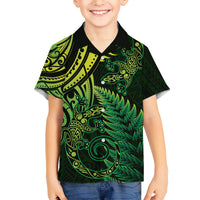 New Zealand Lizard Family Matching Short Sleeve Bodycon Dress and Hawaiian Shirt Silver Fern Aotearoa Maori Green Version
